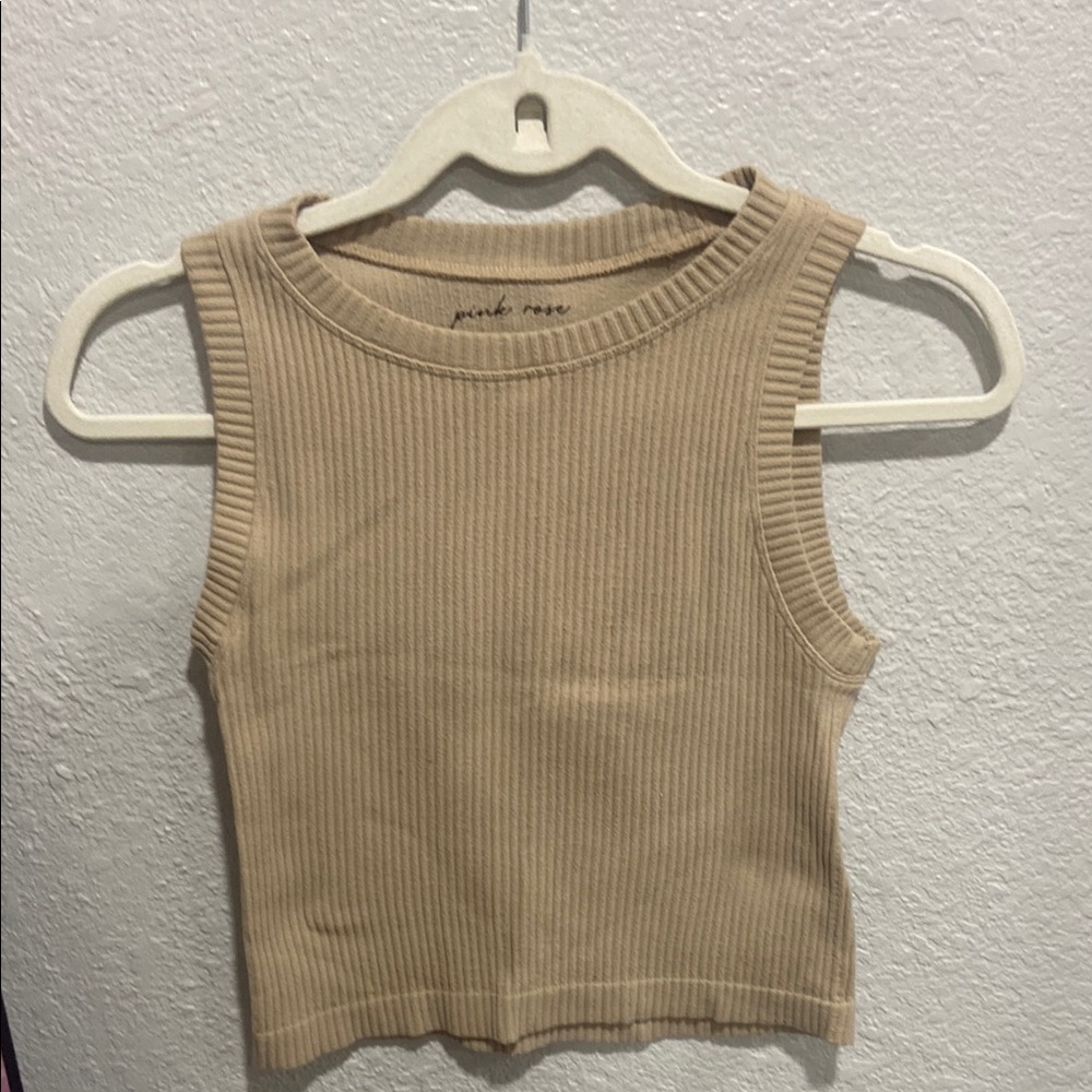 Pink Rose Tan Ribbed Crop Tank Top